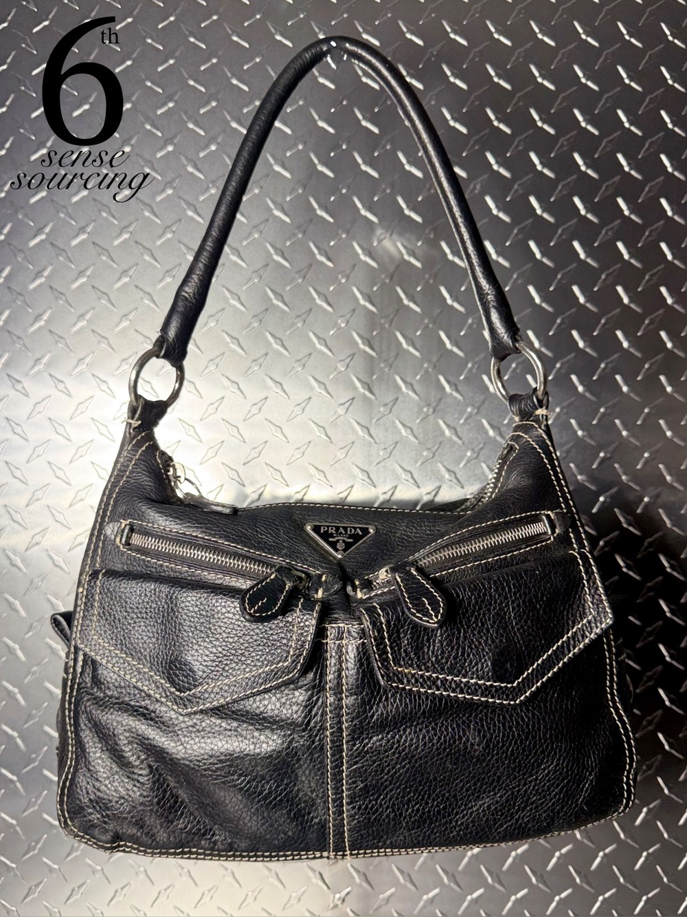 Prada Vintage Tessuto Buffalo Cargo Leather Shoulder Bag in Black